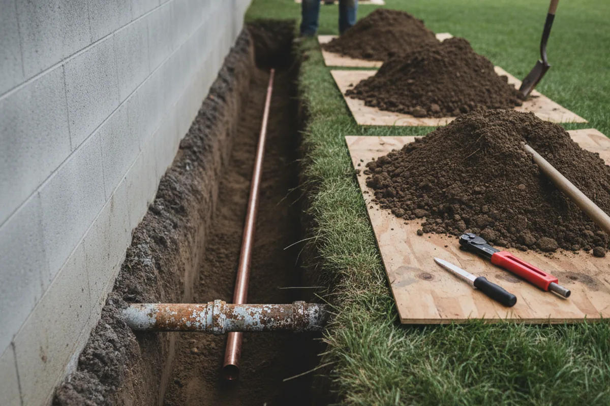 Excavated water line trench during Sewer Line Repair in Lehigh Acres